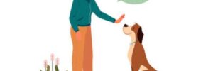 An animation of a woman training a dog