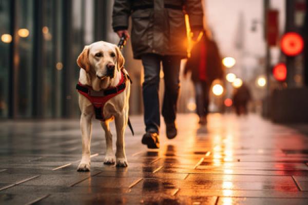 A dog guides its handler through a city